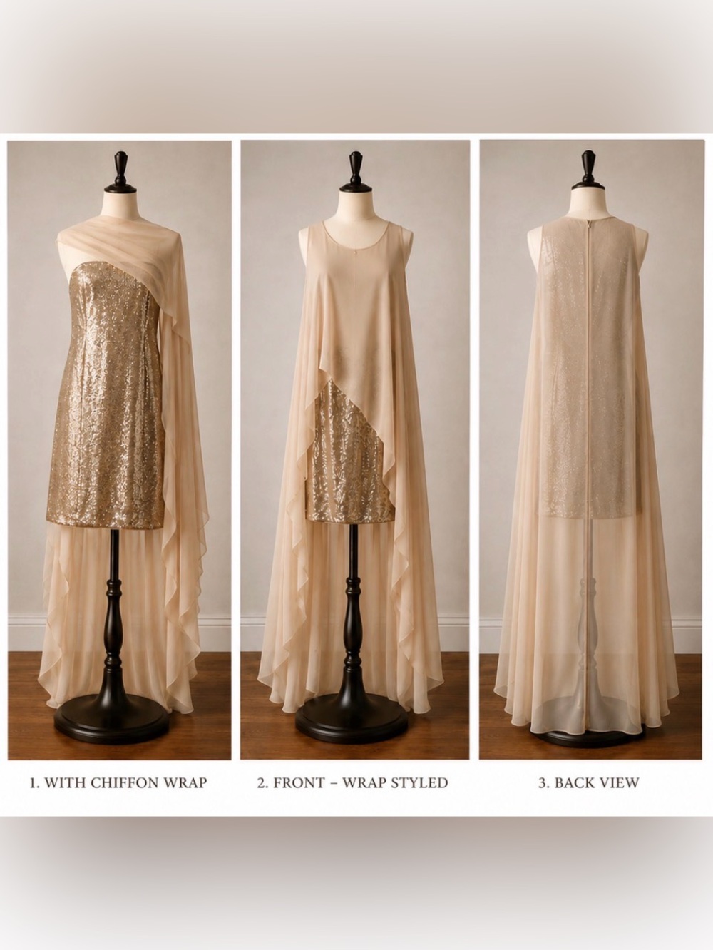 bebe Gold Sequin High-Low Dress with Chiffon Overlay